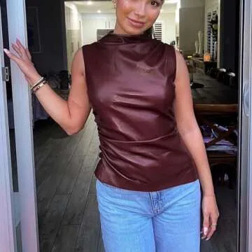 aihuajie Women's FashionFaux Leather Pleated Sleeveless Asymmetrical Mock Neck Slim Tank Top (wRed,M)