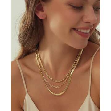 Gold Layered Necklaces for Women, 14K Gold Plated Dainty Gold Chain Choker Necklace Stack, Herringbo...
