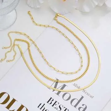 Gold Layered Necklaces for Women, 14K Gold Plated Dainty Gold Chain Choker Necklace Stack, Herringbone Necklaces Set Gold Jewelry for Women