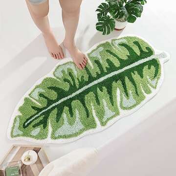 Panstar Green Leaf Bath Mat, Large Banana Leaf Plant Bathroom Runner Rug Non Slip Absorbent Cute Palm Shaped Bathtub Rug Bathroom Plush Shower Rugs (45"X20")