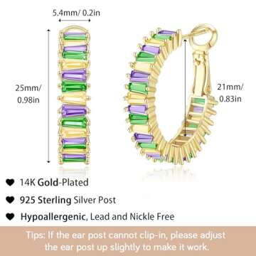 GLOQUAT Mardi Gras Earrings for Women 14k Gold CZ Carnival Holiday Hoop Earrings Fashion Round Circle Hoops Earrings for Women Festive Party Jewelry Gifts Lightweight and Hypoallergenic 25mm