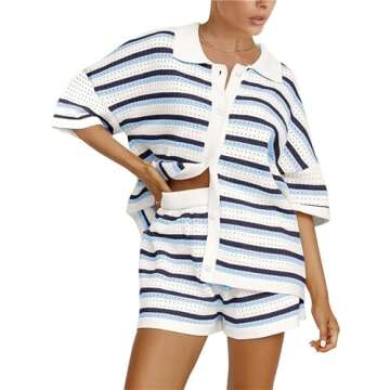 Women's 2 Piece Crochet Knit Lounge Outfits Color Block Button Top and Striped Wide Leg Shorts Pajam...