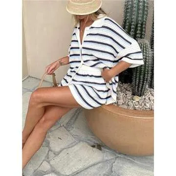 Women's 2 Piece Crochet Knit Lounge Outfits Color Block Button Top and Striped Wide Leg Shorts Pajama Sets (Navy Blue, M)