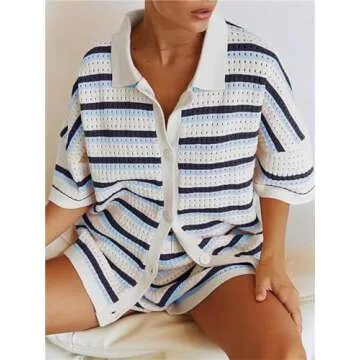 Women's 2 Piece Crochet Knit Lounge Outfits Color Block Button Top and Striped Wide Leg Shorts Pajama Sets (Navy Blue, M)