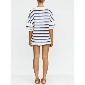 Women's 2 Piece Crochet Knit Lounge Outfits Color Block Button Top and Striped Wide Leg Shorts Pajama Sets (Navy Blue, M)