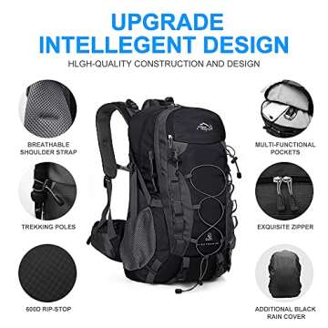 INOXTO lightweight Hiking Backpack 35L/40L Hiking Daypack with Waterproof Rain Cover Camping Backpack for Travel Camping Outdoor for Men and Women (35L Black)