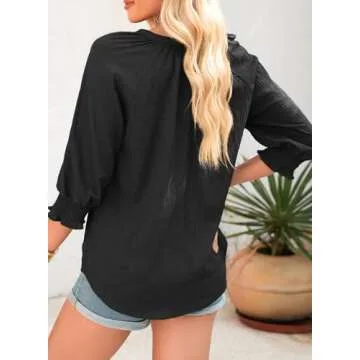 Dokotoo Button Down Shirts for Women Casual V Neck Tops Solid Color Textured Tshirts Business Casual Outfits for Women 2025 Trendy Black Tees Blouses Small