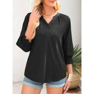 Dokotoo Button Down Shirts for Women Casual V Neck Tops Solid Color Textured Tshirts Business Casual Outfits for Women 2025 Trendy Black Tees Blouses Small