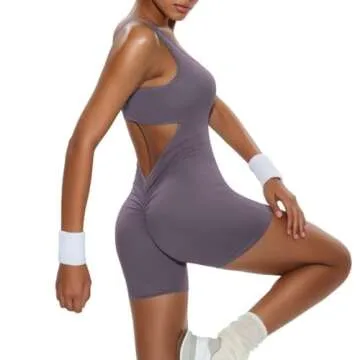 Vertvie Jumpsuits for Women Sexy Backless One Piece Jumpsuit Shorts Sleeveless Tummy Control V Back Scrunch Bodycon Romper(Purple,Small)