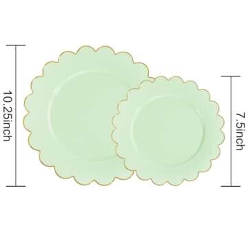 LIYH 60pcs Light Green Plastic Plates with Gold Edges, Disposable Sage Green and Gold Plastic Plates...