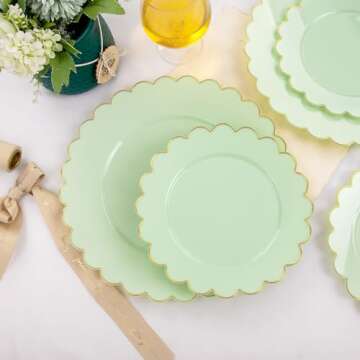 LIYH 60pcs Light Green Plastic Plates with Gold Edges, Disposable Sage Green and Gold Plastic Plates Includes: 30 Dinner Plates 10.25 Inch and 30 Dessert Plates 7.5 Inch