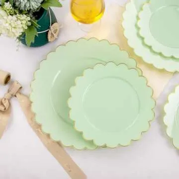 LIYH 60pcs Light Green Plastic Plates with Gold Edges, Disposable Sage Green and Gold Plastic Plates Includes: 30 Dinner Plates 10.25 Inch and 30 Dessert Plates 7.5 Inch