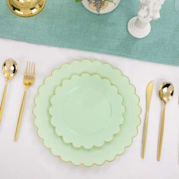 LIYH 60pcs Light Green Plastic Plates with Gold Edges, Disposable Sage Green and Gold Plastic Plates Includes: 30 Dinner Plates 10.25 Inch and 30 Dessert Plates 7.5 Inch