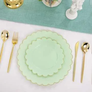 LIYH 60pcs Light Green Plastic Plates with Gold Edges, Disposable Sage Green and Gold Plastic Plates Includes: 30 Dinner Plates 10.25 Inch and 30 Dessert Plates 7.5 Inch