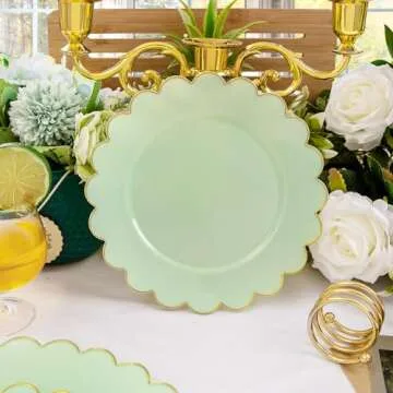LIYH 60pcs Light Green Plastic Plates with Gold Edges, Disposable Sage Green and Gold Plastic Plates Includes: 30 Dinner Plates 10.25 Inch and 30 Dessert Plates 7.5 Inch