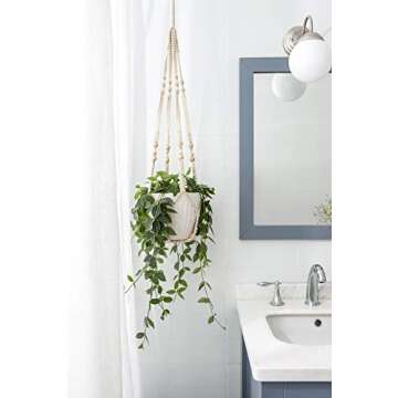 Mkono Macrame Plant Hanger Indoor Hanging Planter Basket with Wood Beads Decorative Flower Pot Holder No Tassels for Indoor Outdoor Boho Home Decor 35 Inch, Ivory, Set of 2 (POTS NOT Included)