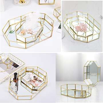Hipiwe Mirror Glass Vanity Tray - Gold Ornate Makeup Vintage Octagonal Perfume Dresser Jewelry Trink...