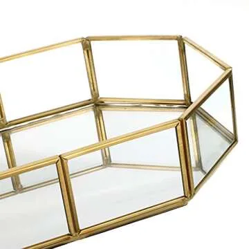 Hipiwe Mirror Glass Vanity Tray - Gold Ornate Makeup Vintage Octagonal Perfume Dresser Jewelry Trinket Organizer for Bathroom Storage Home Decor
