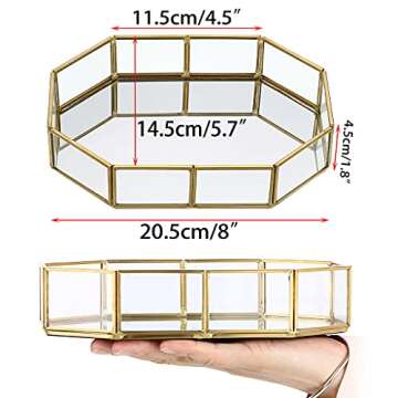 Hipiwe Mirror Glass Vanity Tray - Gold Ornate Makeup Vintage Octagonal Perfume Dresser Jewelry Trinket Organizer for Bathroom Storage Home Decor