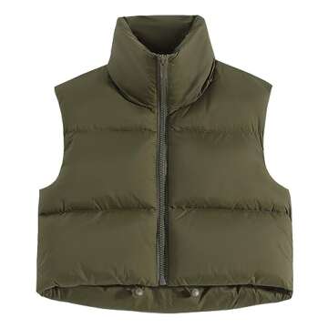 Fuinloth Women's Padded Vest, High Stand Collar Lightweight Zip Crop Puffer Gilet