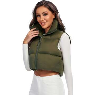 Fuinloth Women's Padded Vest, High Stand Collar Lightweight Zip Crop Puffer Gilet