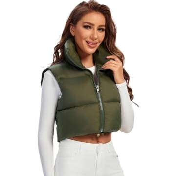 Fuinloth Women's Padded Vest, High Stand Collar Lightweight Zip Crop Puffer Gilet