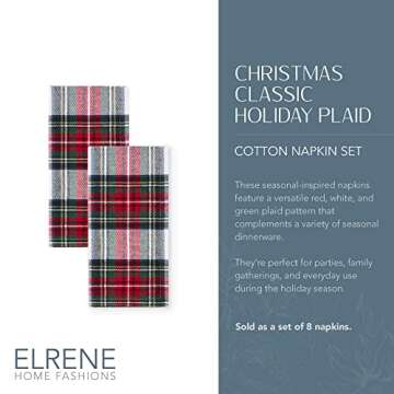 Elrene Home Fashions Christmas Classic Holiday Plaid Cotton Napkins, Holiday Table Decor, 17" x 17",...