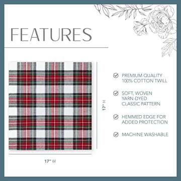 Elrene Home Fashions Christmas Classic Holiday Plaid Cotton Napkins, Holiday Table Decor, 17" x 17", Set of 8