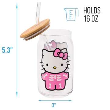 Silver Buffalo Sanrio Hello Kitty Halloween Spooky Skeleton Glass Jar Tumbler with Bamboo Lid and Gl...