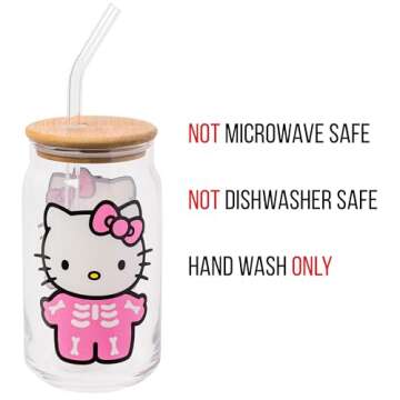 Hello Kitty Skeleton Glass Tumbler with Bamboo Lid and Straw