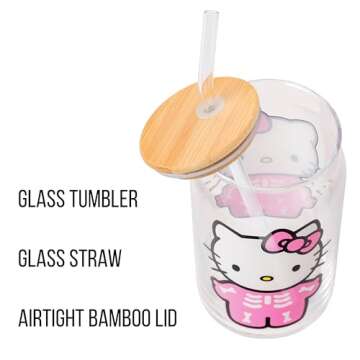 Hello Kitty Skeleton Glass Tumbler with Bamboo Lid and Straw