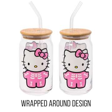 Hello Kitty Skeleton Glass Tumbler with Bamboo Lid and Straw