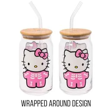 Hello Kitty Skeleton Glass Tumbler with Bamboo Lid and Straw