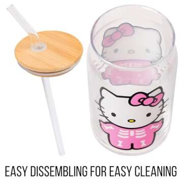 Hello Kitty Skeleton Glass Tumbler with Bamboo Lid and Straw