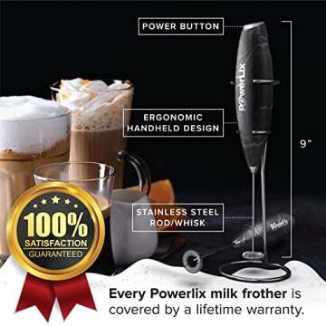 PowerLix Powerful Handheld Milk Frother With Stand Battery Operated Foam Maker Frother Wand For Coffee (A Black) (Black Marble)
