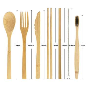 2 Set Bamboo Utensils Set, YIMICOO Travel Reusable Cutlery Set, Outdoor Portable Eco-Friendly silverware with Case -Bamboo Knife, Fork, Spoon, Straw, Straw Brush, Chopsticks and Bamboo Toothbrush