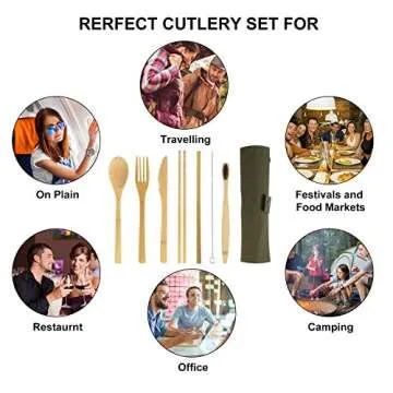 2 Set Bamboo Utensils Set, YIMICOO Travel Reusable Cutlery Set, Outdoor Portable Eco-Friendly silverware with Case -Bamboo Knife, Fork, Spoon, Straw, Straw Brush, Chopsticks and Bamboo Toothbrush