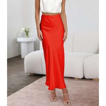 Outoshe Women's Satin High Waisted Maxi Skirts Hidden Elasticized Waistband A Line Long Skirt Red