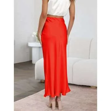 Outoshe Women's Satin High Waisted Maxi Skirts Hidden Elasticized Waistband A Line Long Skirt Red