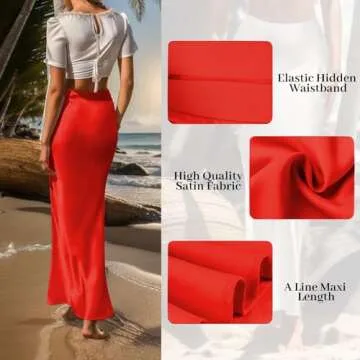 Outoshe Women's Satin High Waisted Maxi Skirts Hidden Elasticized Waistband A Line Long Skirt Red