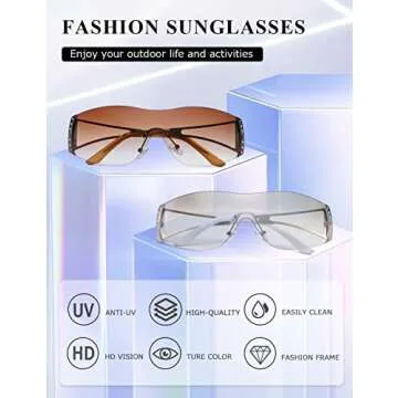 kimorn Wrap Around Y2K Sunglasses for Women Men Shield Flat Top Shades Futuristic Technology Frameless Sun Glasses K1344 (Silver+Gray Frame Gradient Brown Lens)