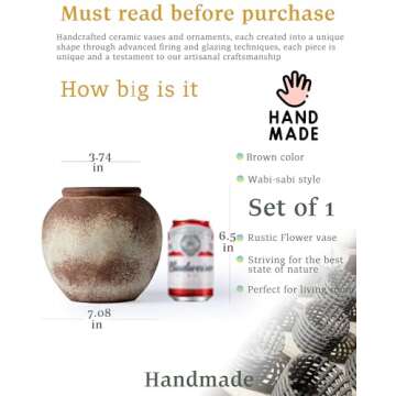 UPWOIGH Brown Circular Rustic Ceramic Flower Vase, 6.5''x7.08'' Wabi-Sabi Terracotta Vases, Vintage Matte Finish Boho Decorative Stoneware Centerpiece, Farmhouse Home Décor for Living Room,Gifts