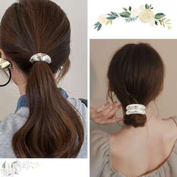 Metal Ponytails Hair Cuffs, Silver Geometric Hair Ties Fashion Glossy Arch Ponytail Holders Hair Tie for Women Hair Accessories Rubber Bands for Hair No Damage 4PCS