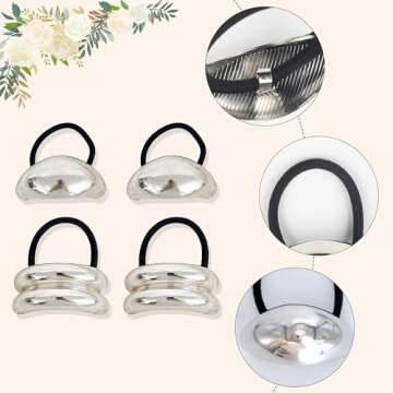 Metal Ponytails Hair Cuffs, Silver Geometric Hair Ties Fashion Glossy Arch Ponytail Holders Hair Tie for Women Hair Accessories Rubber Bands for Hair No Damage 4PCS