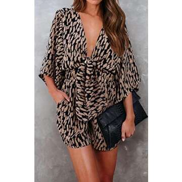 PRETTYGARDEN Women's Jumpsuit Floral Print V Neck Rompers for Women Dressy Short Sleeve Tie Front Su...