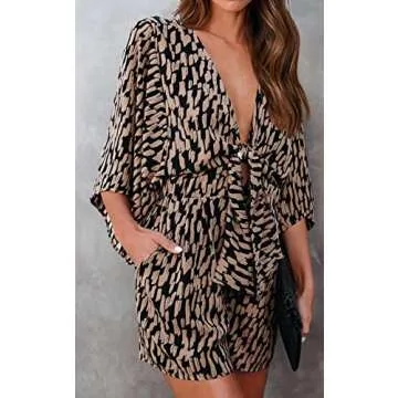 PRETTYGARDEN Women's Jumpsuit Floral Print V Neck Rompers for Women Dressy Short Sleeve Tie Front Summer Sexy Short Romper (Brown, X-Large)