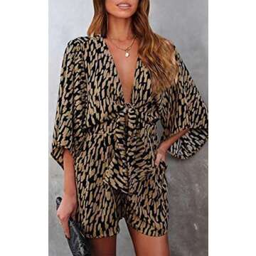 PRETTYGARDEN Women's Jumpsuit Floral Print V Neck Rompers for Women Dressy Short Sleeve Tie Front Summer Sexy Short Romper (Brown, X-Large)