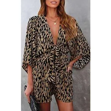 PRETTYGARDEN Women's Jumpsuit Floral Print V Neck Rompers for Women Dressy Short Sleeve Tie Front Summer Sexy Short Romper (Brown, X-Large)