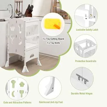 HONEY JOY Kitchen Step Stool for Toddlers, Children Wooden Standing Tower w/Safety Rail, Montessori ...