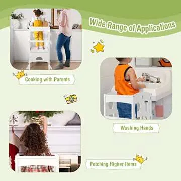 HONEY JOY Kitchen Step Stool for Toddlers, Children Wooden Standing Tower w/Safety Rail, Montessori Foldable Kids Learning Stool for Kitchen Counter(White)